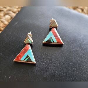 Vintage Calvin Begay Signed Sterling Inlay Triangular Hinged Earrings